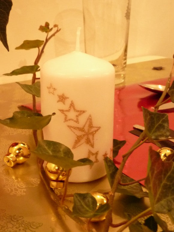 Christmas candle decoration with temporary tattoos