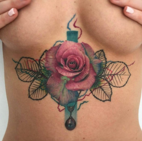 Colorful rose sternum tattoo