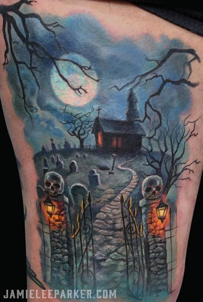 Graveyard tattoo by Jamie Lee Parker