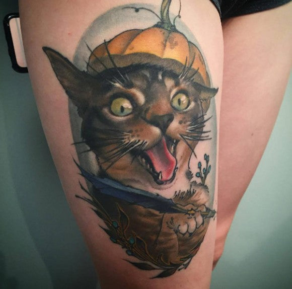 Halloween kitty tattoo by Corey Bernhardt