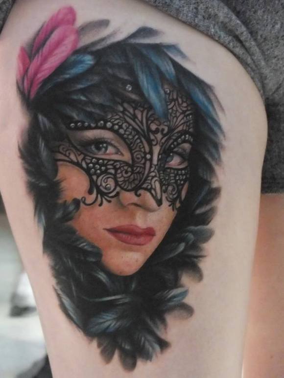 Venetian mask carnival tattoo by Melissa Valiquette